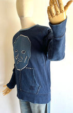 Load image into Gallery viewer, Griffith Park Hiding Man Big Face Indigo Patchwork Sweatshirt Large 23x27