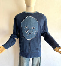 Load image into Gallery viewer, Griffith Park Hiding Man Big Face Indigo Patchwork Sweatshirt Large 23x27