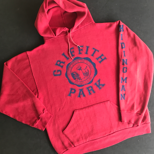 Vintage Griffith Park Hiding Man Varsity Hooded Sweatshirt (Red) 20x24 Small