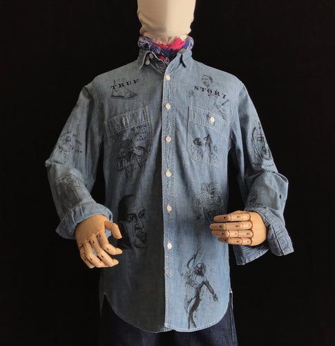 Vintage Hand Illustrated Beware In Burbank True Story Denim / Chambray Shirt 1/1 Original Art