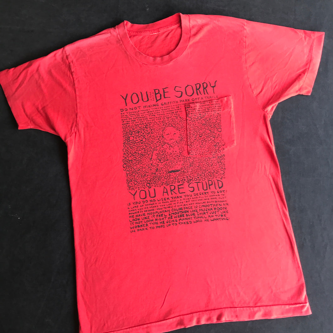 Vintage Hiding Man You Be Sorry Pocket T-Shirt (Red) 20x29 Small